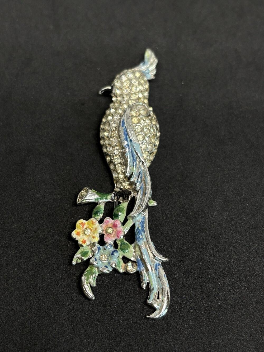 Vintage Unsigned Coro 3.5” Bird of Paradise Rhinestone Enamel Dress Clip Fur pin